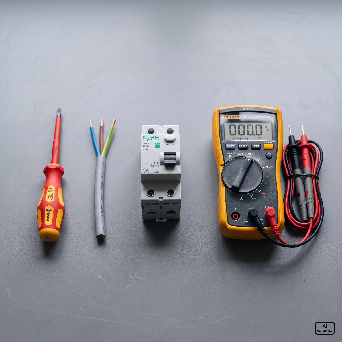 Elektromaterial kaufen 6 FI-Schalter, Messgerät und isoliertes Werkzeug des Elektrofachbetriebs
